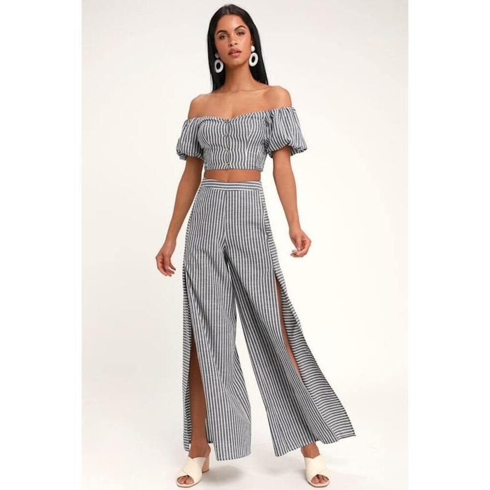 Lulus Bellport Blue And White Striped Wide-leg Pants - Size S